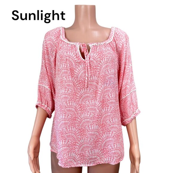 Crown & Ivy Women sz L Petite  Coral Top Blouse Tie Collar Neck Crochet Detail - Picture 1 of 15